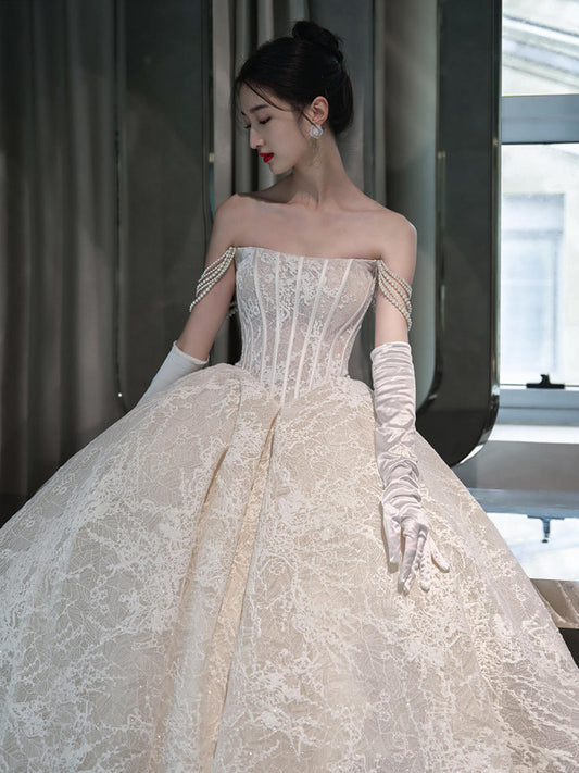 Strapless Main Wedding Dress 2024 New Bridal French Style Mori Light Dress Retro Texture Small Size Large Trailing