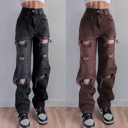 High Quality Ladies Ripped Jeans Ladies Straight Loose Jeans