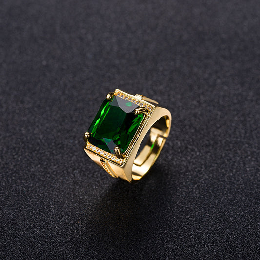 Cross-border Popular Hot Sale Emerald Ring Men's Retro Style Square Ethnic Ring Gold Plated Open Ring Finger Ring