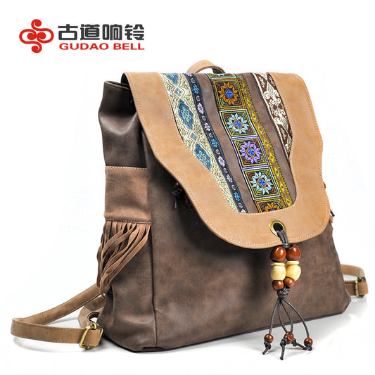 Summer New National Style Embroidered PU Women's Backpack Chinese Style Women's Bag Hanging Beads Manufacturers Supply Distribution