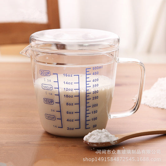 Heat-resistant Glass Measuring Cup With Scale Children's Milk Cup Transparent With Lid Microwave Oven Baking Graduated Glass Cup