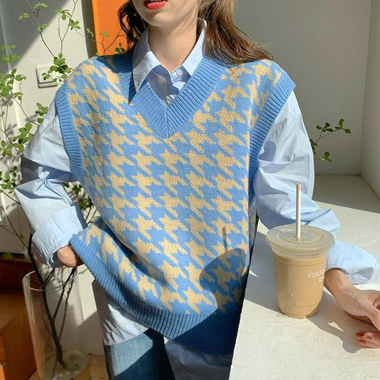 Houndstooth Knitted Vest Women's Outer Wearing Knitted Vest 2021 New Spring Loose Korean Style Outer Wearing Sweater Vest