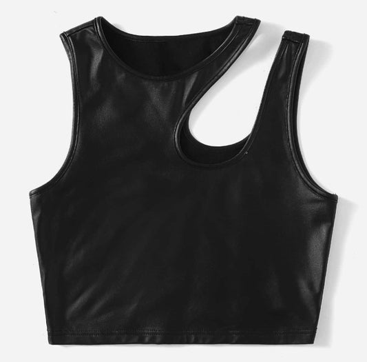 2022 New Patent Leather Irregular Shoulder Vest Women's Solid Color Slim Short Top Wholesale 2009