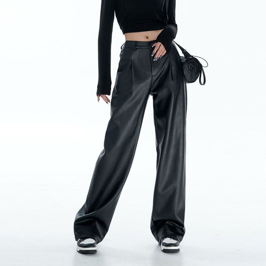 Leather Pants Women's Spring 2024 New Straight Slim Casual Pants Soft PU Leather Personality Loose Wide Leg Pants Women