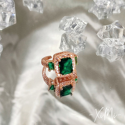 Exaggerated Emerald Crystal Gemstone Square Zirconium Luxury Finger Ring Vintage Opening Adjustable Cool Wind Ring