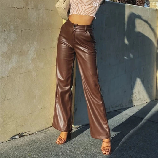 2022 Autumn And Winter European Women&amp;#039;s Clothing Hot Style PU Long Leather Pants Women&amp;#039;s Casual Wide Leg Pants High Waist Straight Women&amp;#039;s Leather Pants Wholesale