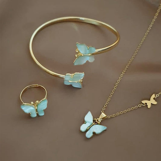 Korean New Cross-border Jewelry All-match Alloy Butterfly Ring Bracelet Bracelet Necklace Three-piece Set Women's Color Set
