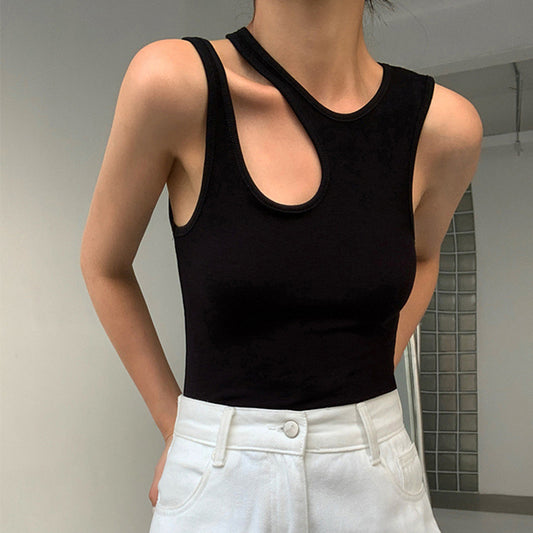 Street Hipster High Street Style 2024 Spring Round Neck Side Irregular Hollow Design Women's Solid Color Slim Small Vest