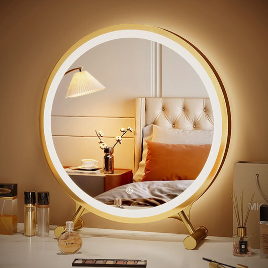 Mirror Large Makeup Mirror With Lamp Desktop Led Student Dormitory Bedroom Dressing Table Desktop Internet Celebrity Light-filling Round Mirror