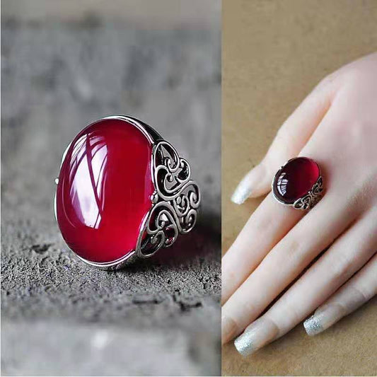 Red Agate Chalcedony Copper Plated Platinum Open Ring Women's Crown Diamond Ring Hollow Pattern Adjustable Ethnic Style Ring