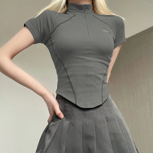 Hot Girl Functional Style Stand-up Collar Shine Split Invisible Zip Buckle Irregular Hem Slim Slim Look Thin Knitted Short Top